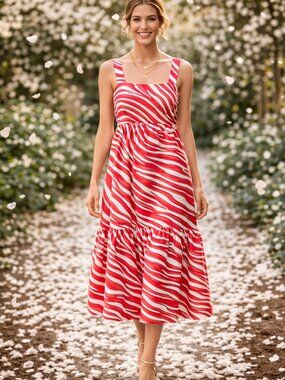 MICHAEL KORS Zebra Print Midi Dress XS NWT Red White Cotton Tiered Sundress